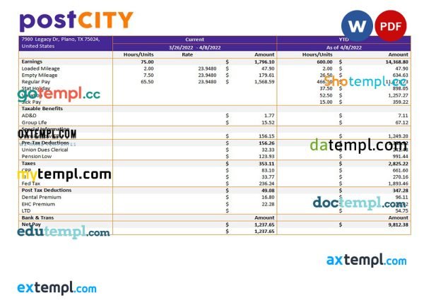 Post City company earning statement template in Word and PDf formats