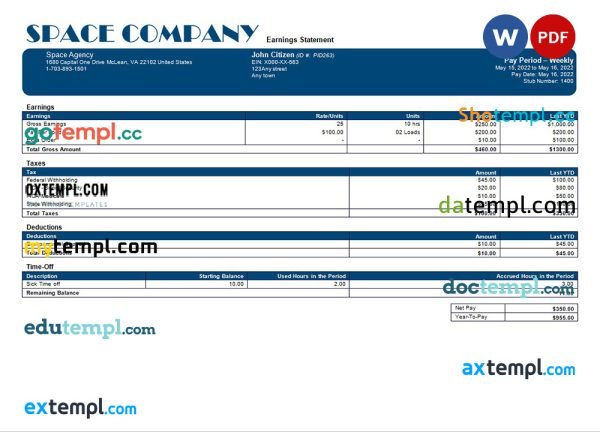 space company editable payslip template in Word and PDF formats