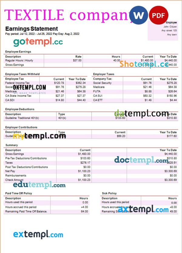 textile company payroll template in Word and PDF formats