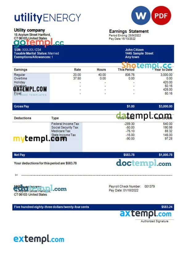 utility company payslip template in Word and PDF formats