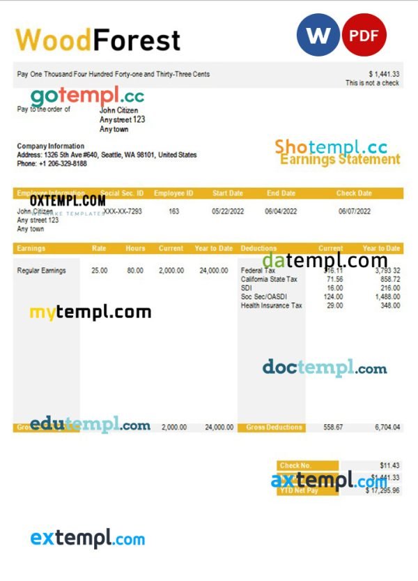 wood corporation payslip template in Word and PDF formats