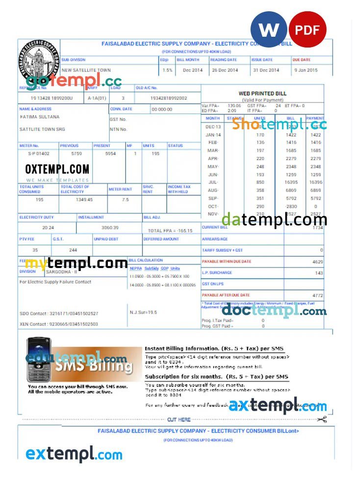 PAKISTAN FAISALABAD utility bill Word and PDF template