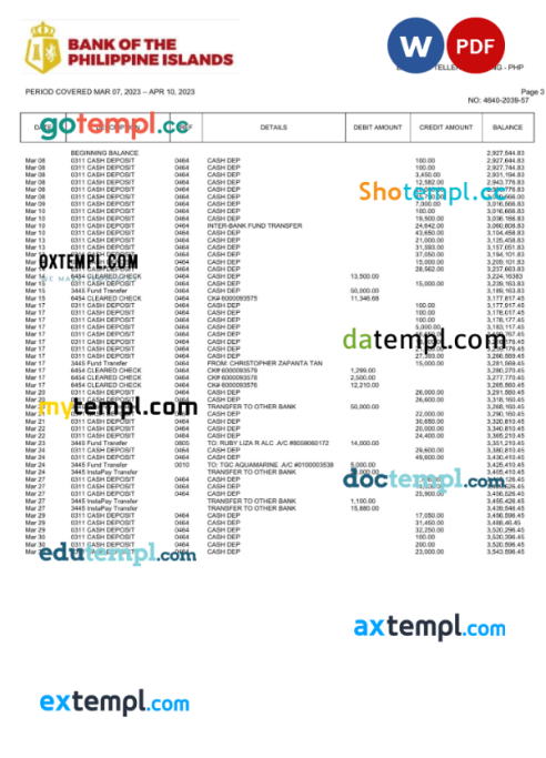 Philippines Bank of The Philippine Islands bank statement Word and PDF template, 2 pages