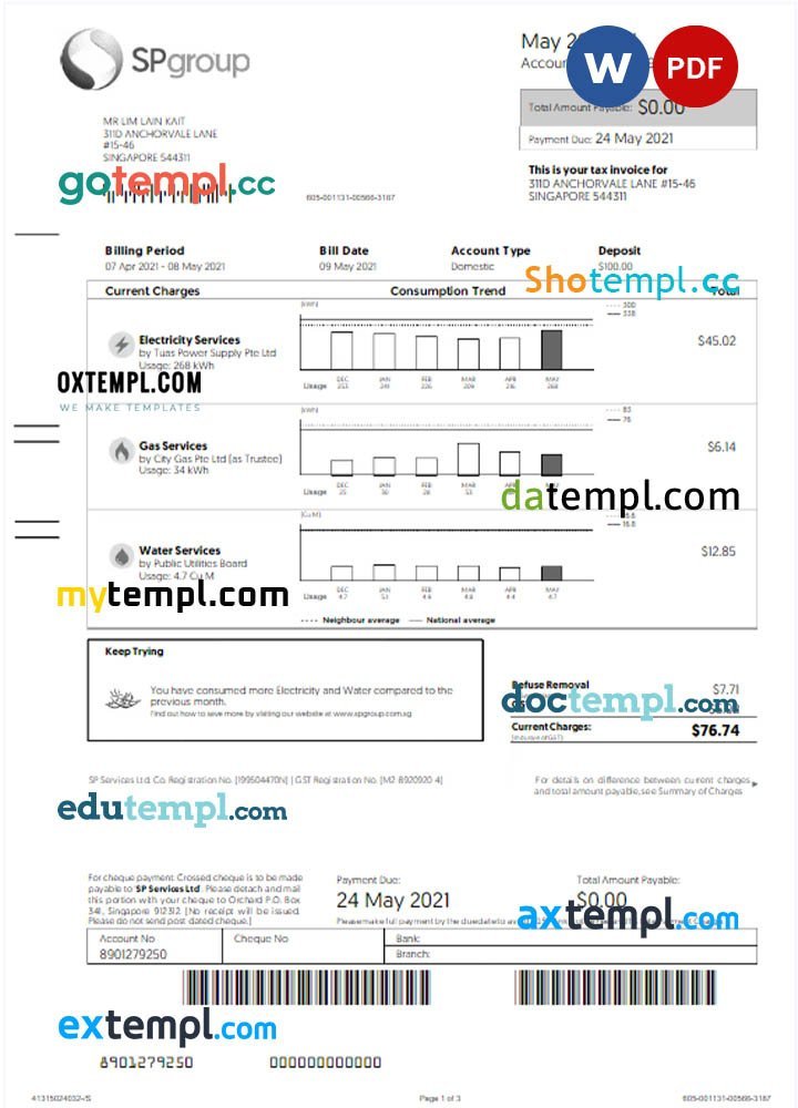 SINGAPORE SP GROUP utility bill Word and PDF template