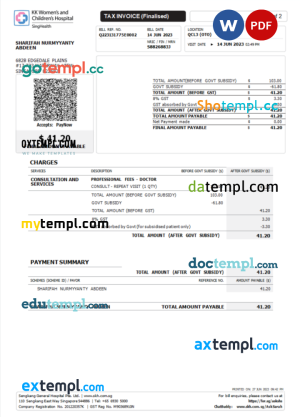 Singapore KK Hospital tax invoice Word and PDF template