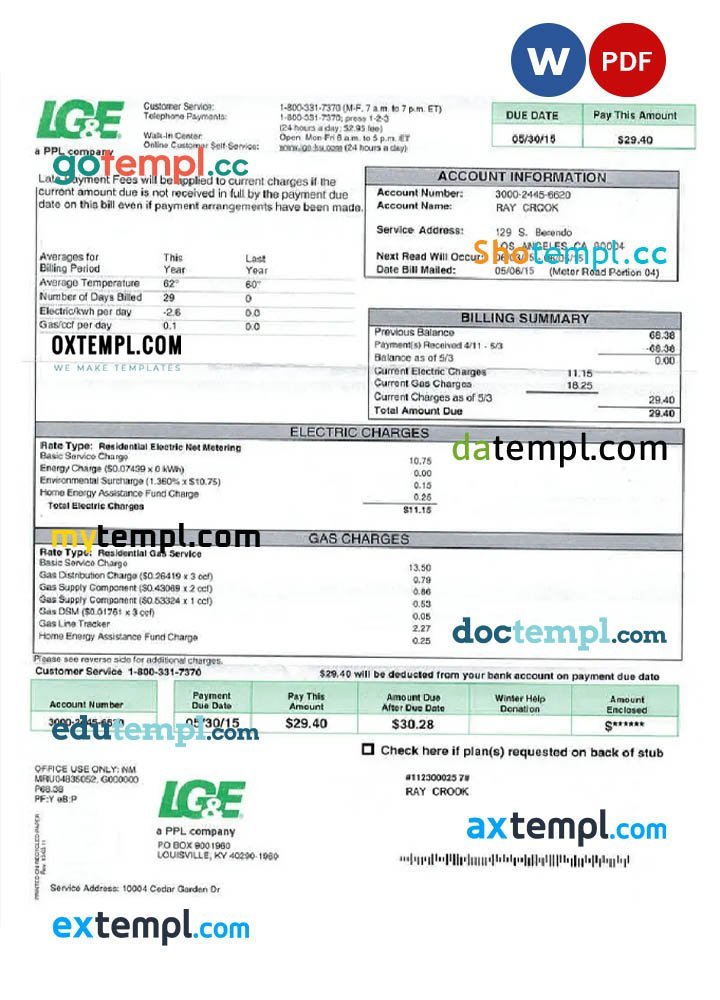 USA LG&E utility bill Word and PDF template