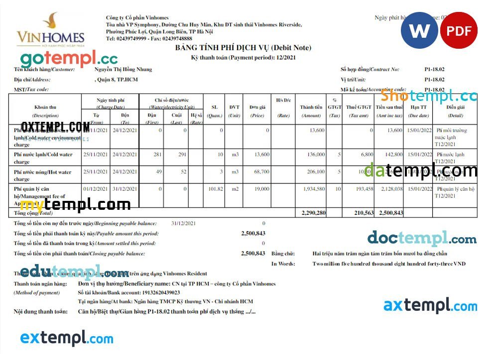 Vietnam Vinhomes utility bill Word and PDF template