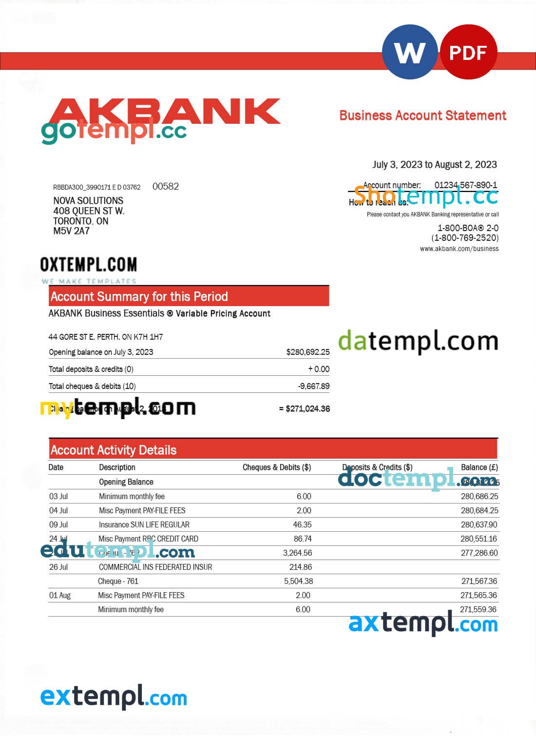 Akbank enterprise account statement Word and PDF template