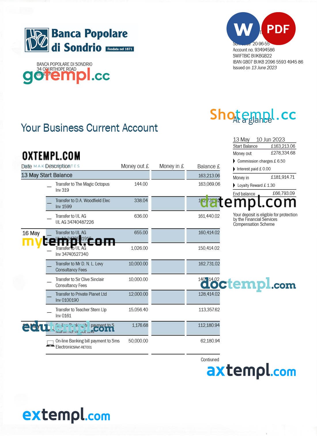 Banca Populaire di Sondrio Business Bank statement Word and PDF template