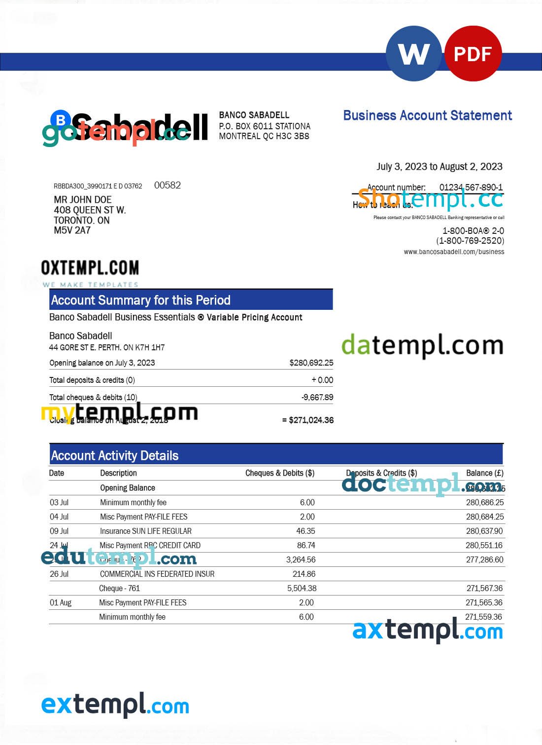 Banco Sabadell firm statement Word and PDF template
