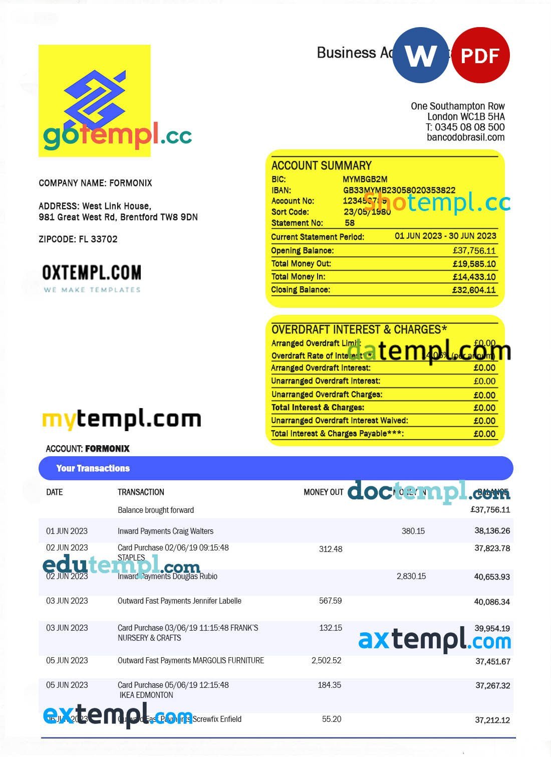 Axos Bank firm account statement Word and PDF template