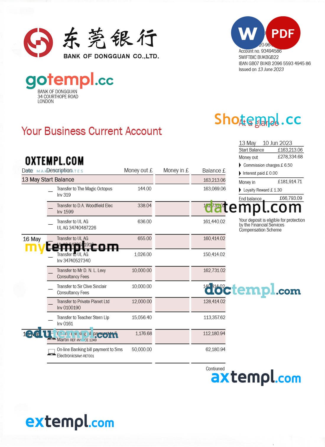 Revolut Bank firm account statement Word and PDF template
