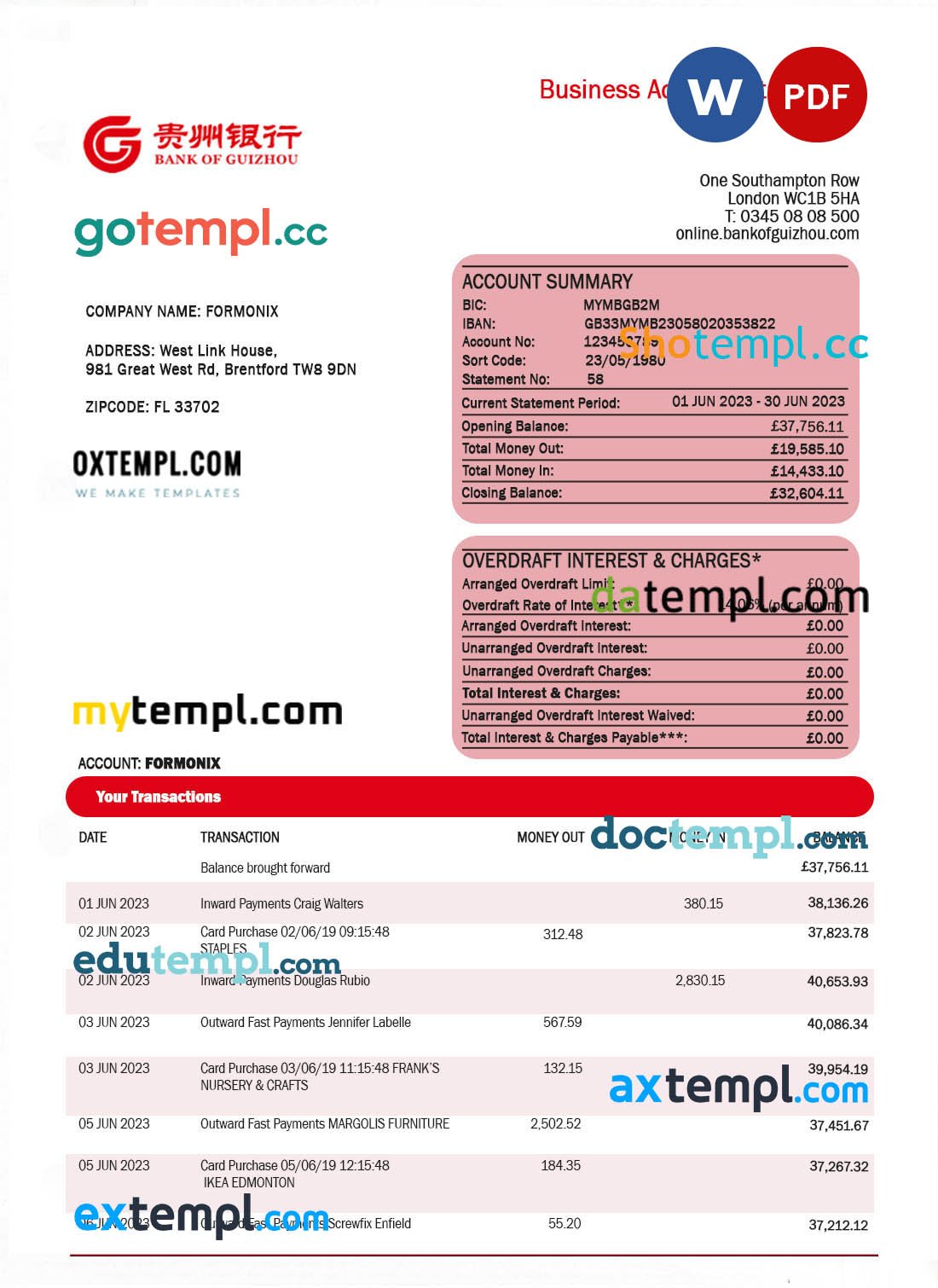 Bank of Guizhou business checking account statement Word and PDF template