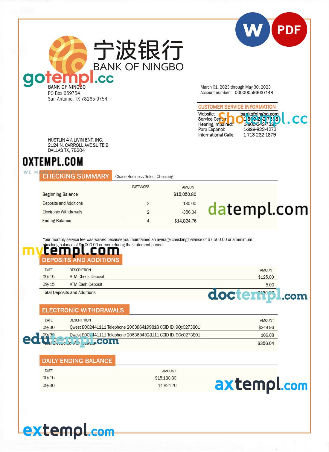 Rental invoice template in word and pdf format