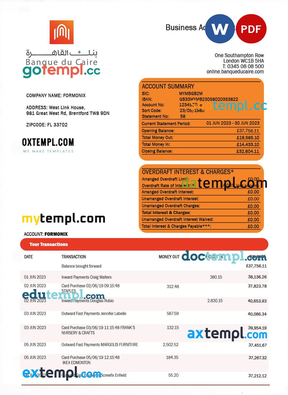 Canadian Western Bank firm account statement Word and PDF template
