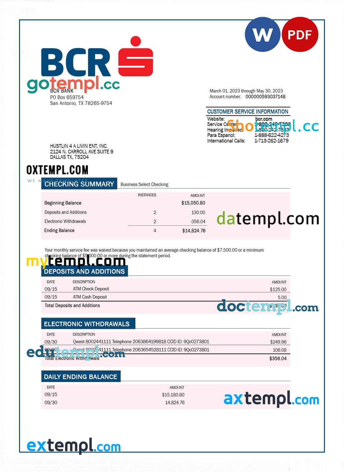 LA Banque Postale firm bank statement Word and PDF template