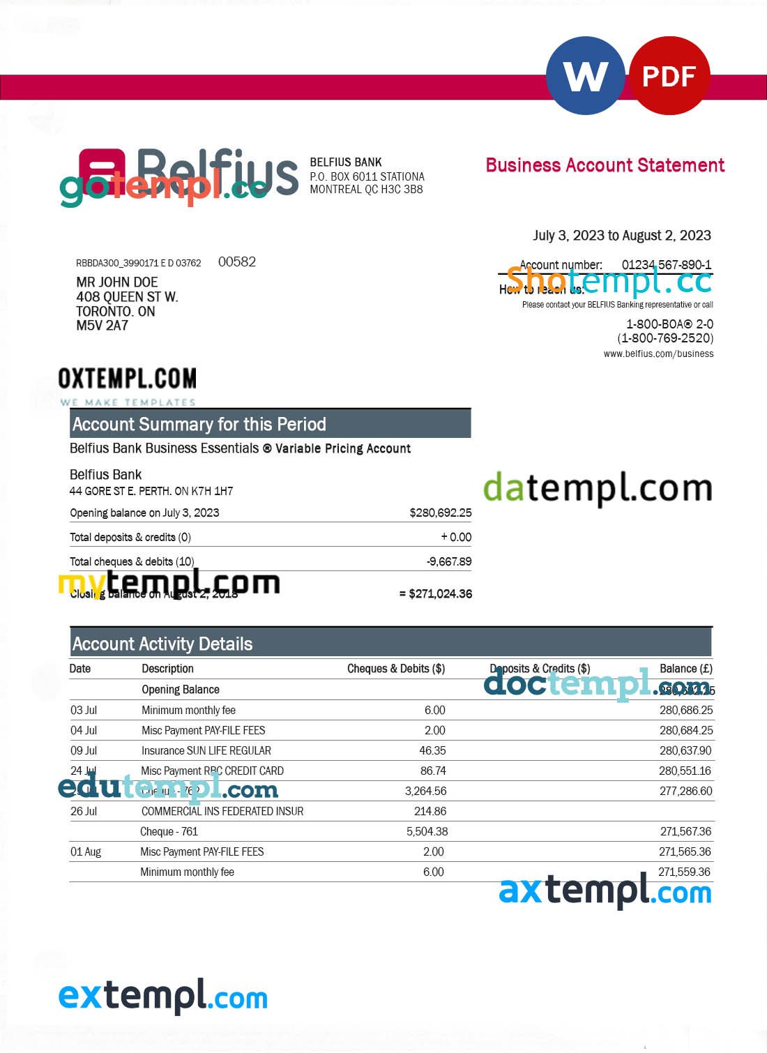 Banco Pan Bank firm account statement Word and PDF template