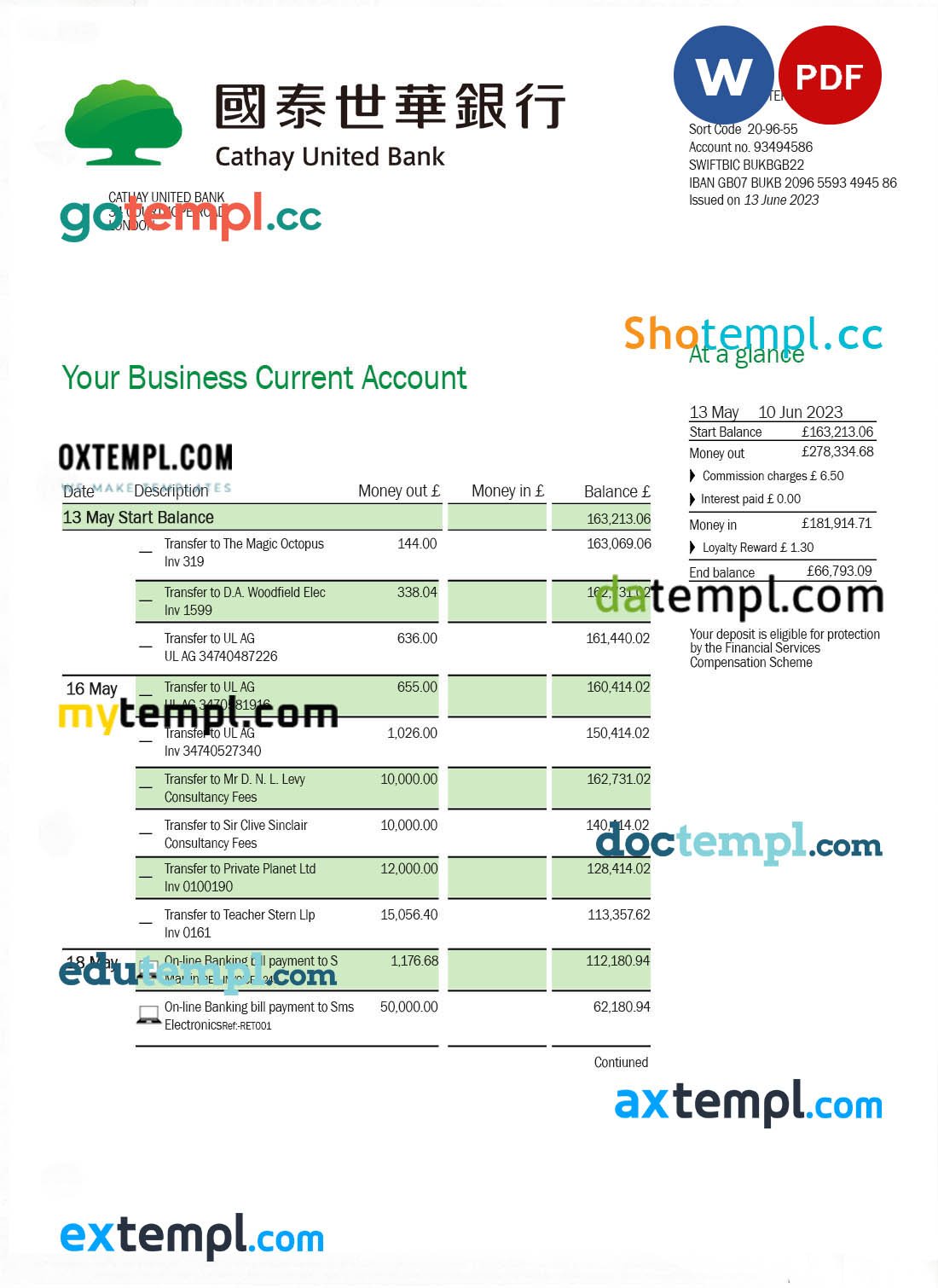 Cathay United Bank enterprise account statement Word and PDF template