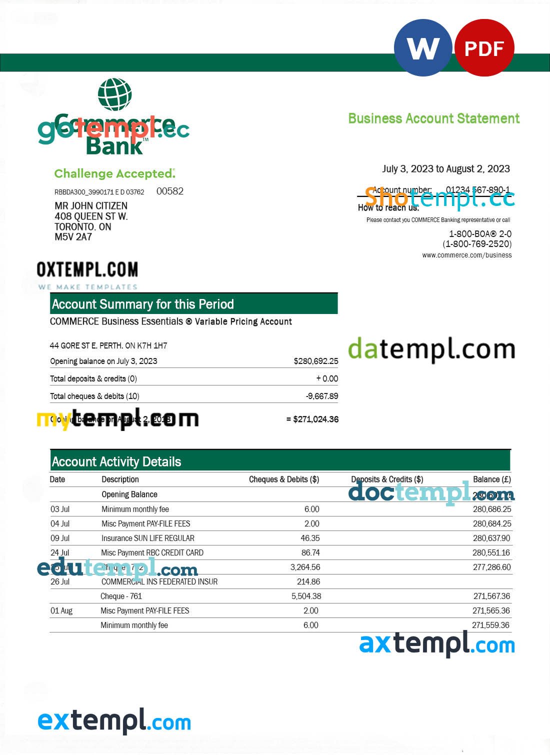 Commerce Bank firm account statement Word and PDF template