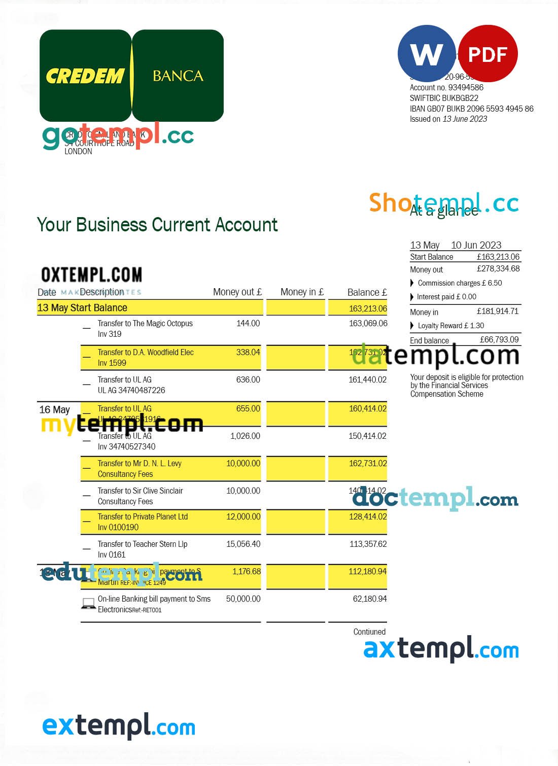 Credito Emiliano firm account statement Word and PDF template