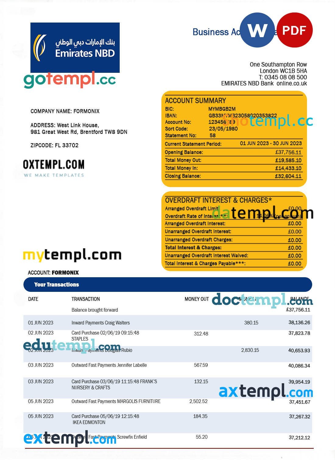 # reaction blue universal multipurpose bank statement template in Word format