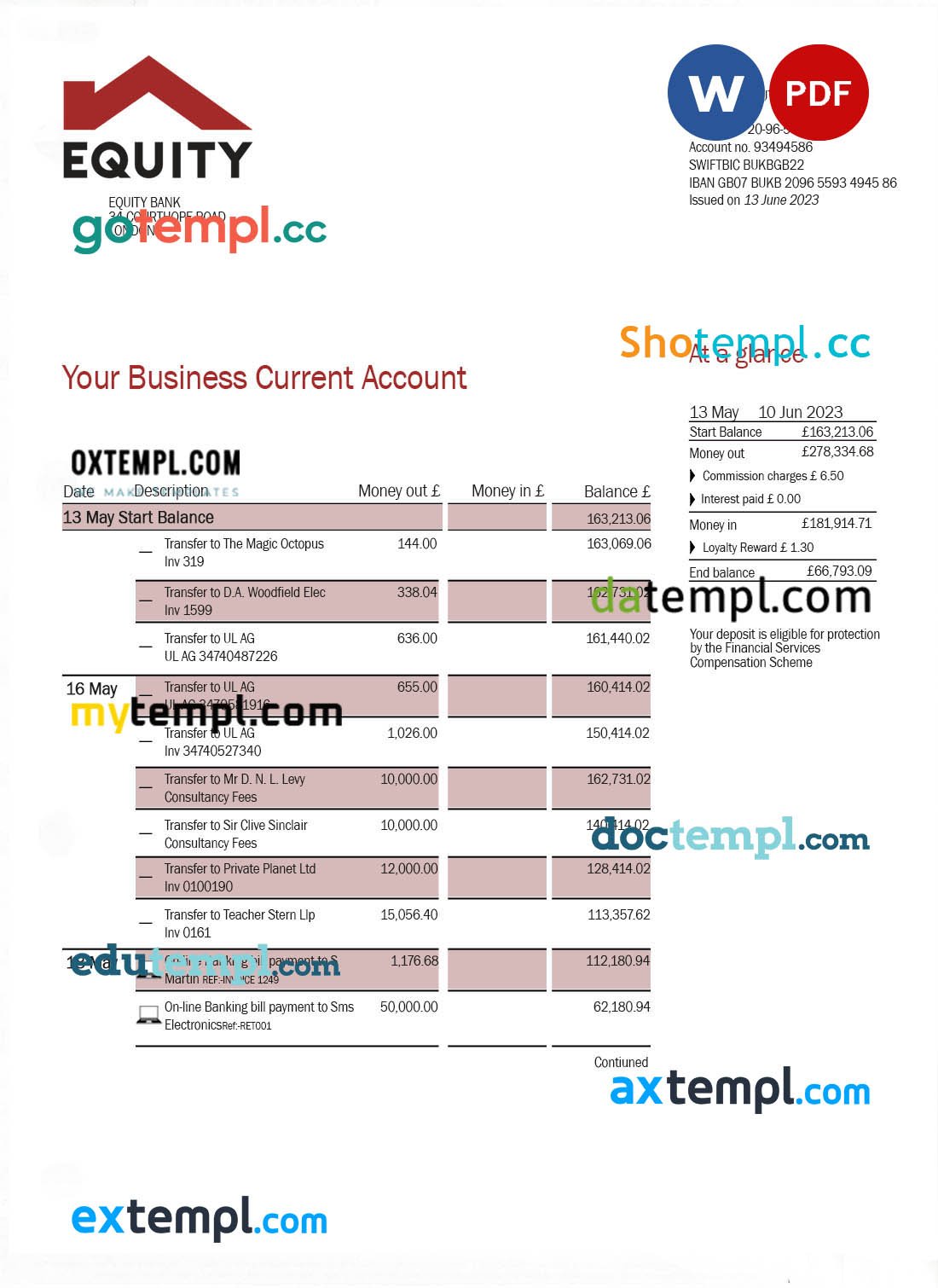Columbia Bank enterprise account statement Word and PDF template