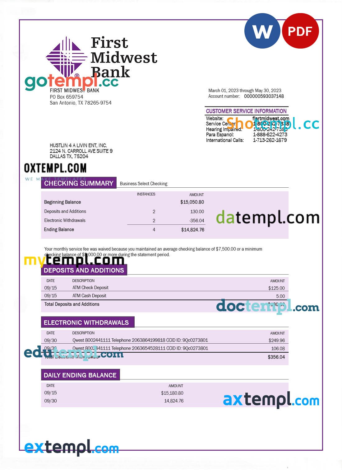Timor-Leste BNCTL bank statement template in Word and PDF format