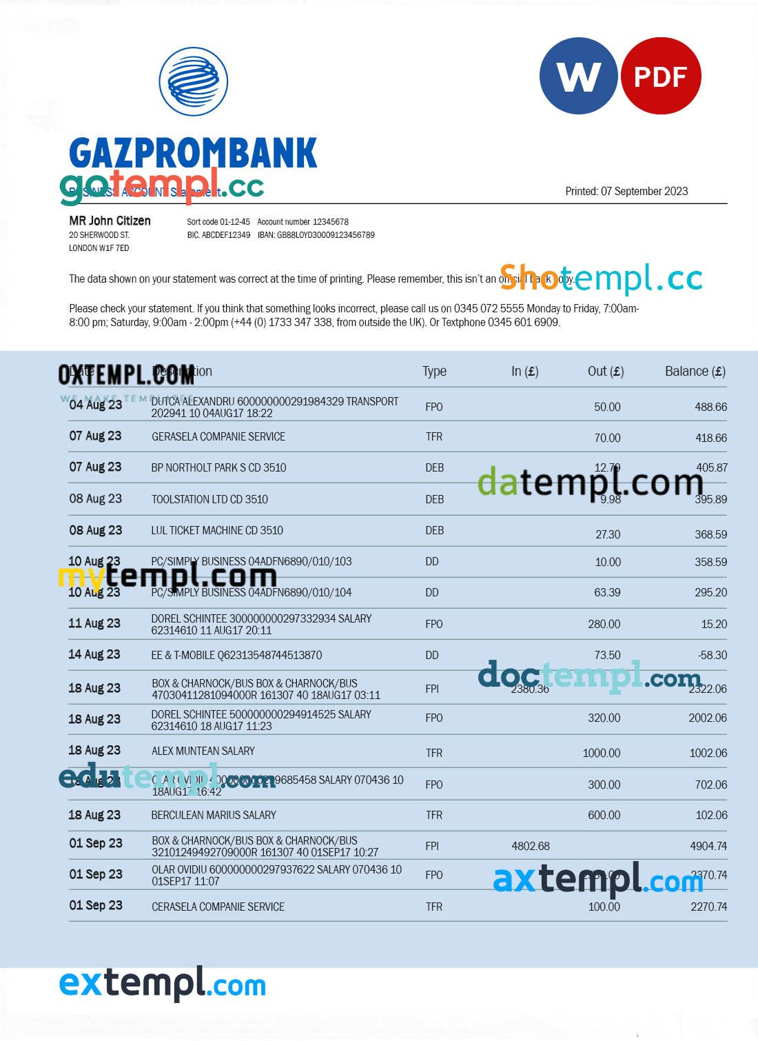 Bank Pekao S. A company statement Word and PDF template