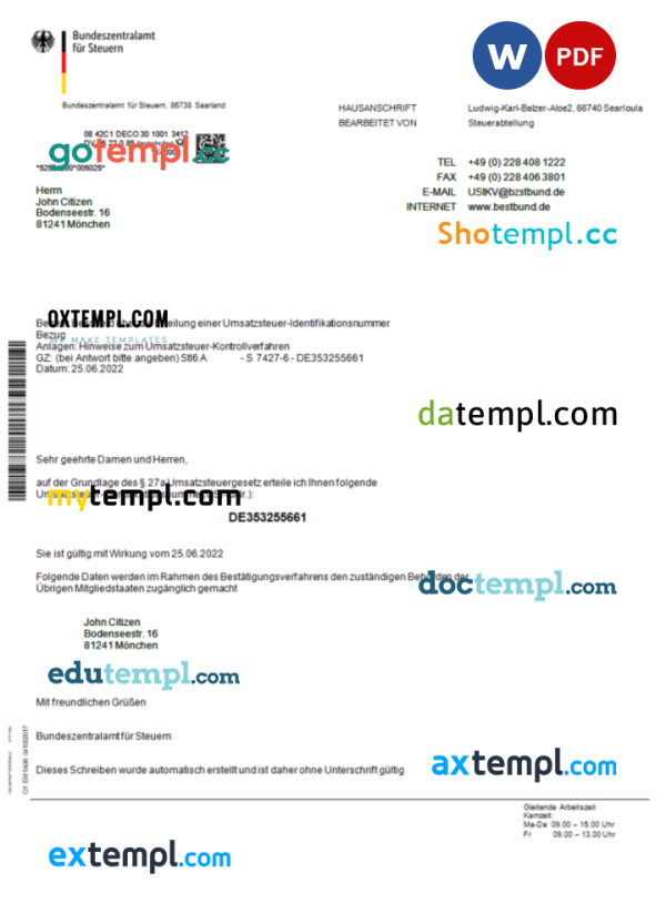 Germany Bundeszentralamt für Steuem sales tax identification reference Word and PDF template