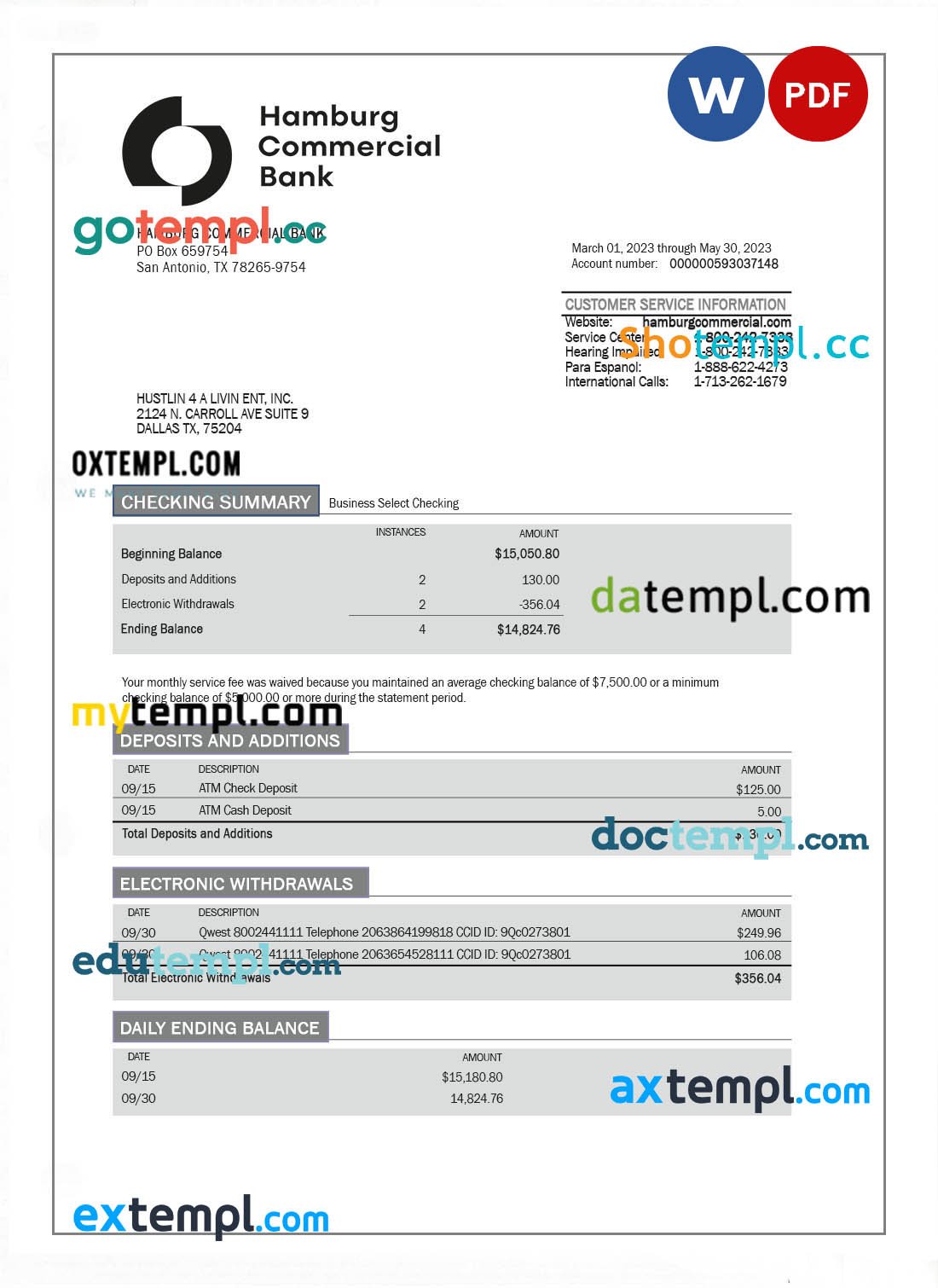 Bank of East Asia firm account statement Word and PDF template