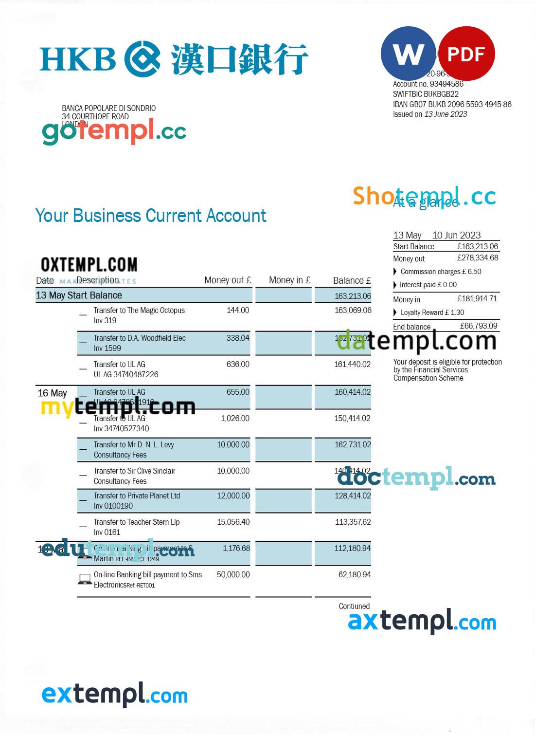 Commercial Bank of Dubai company checking account statement Word and PDF template