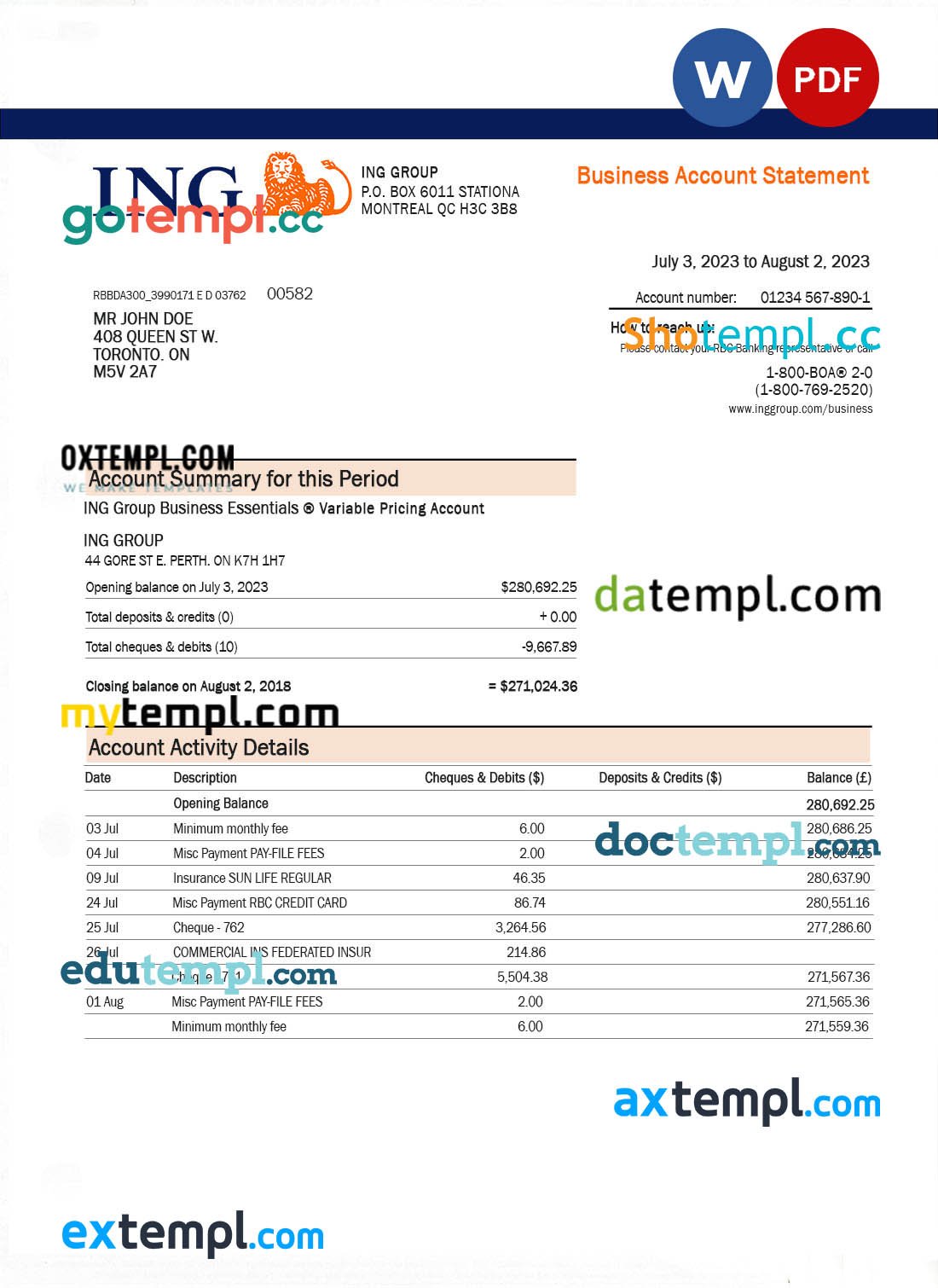 ING Group bank company account statement Word and PDF template