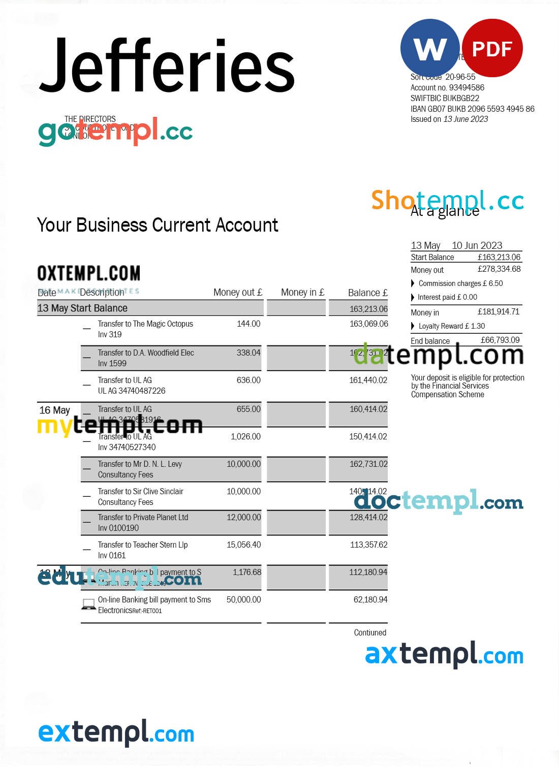 Jefferies bank company checking account statement Word and PDF template