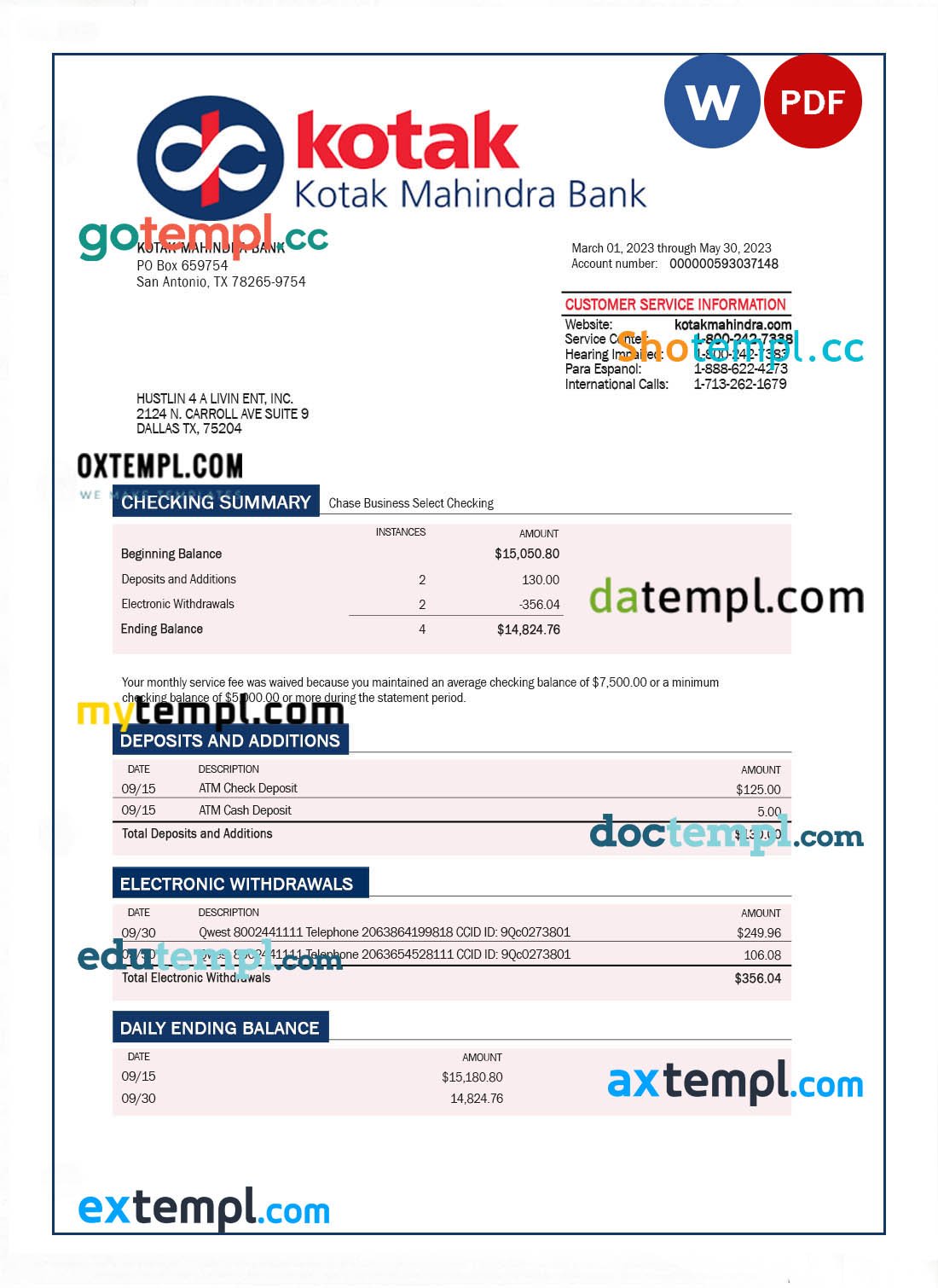 Kotak Mahindra Bank enterprise statement Word and PDF template