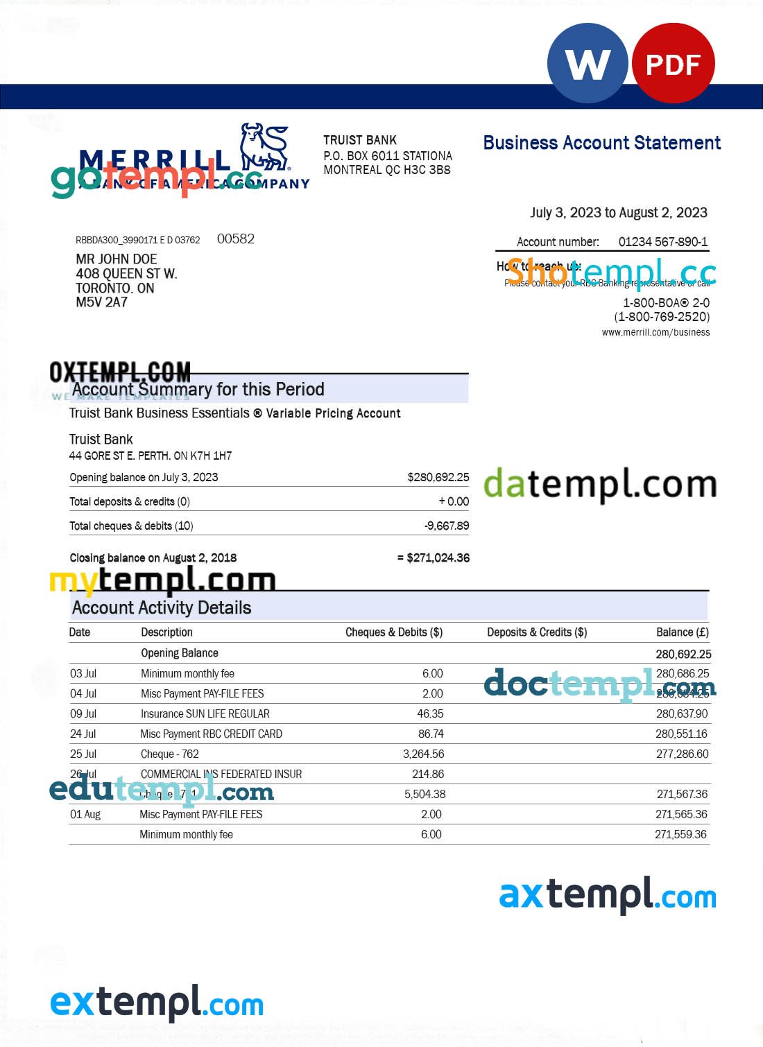 Commerce Bank firm account statement Word and PDF template