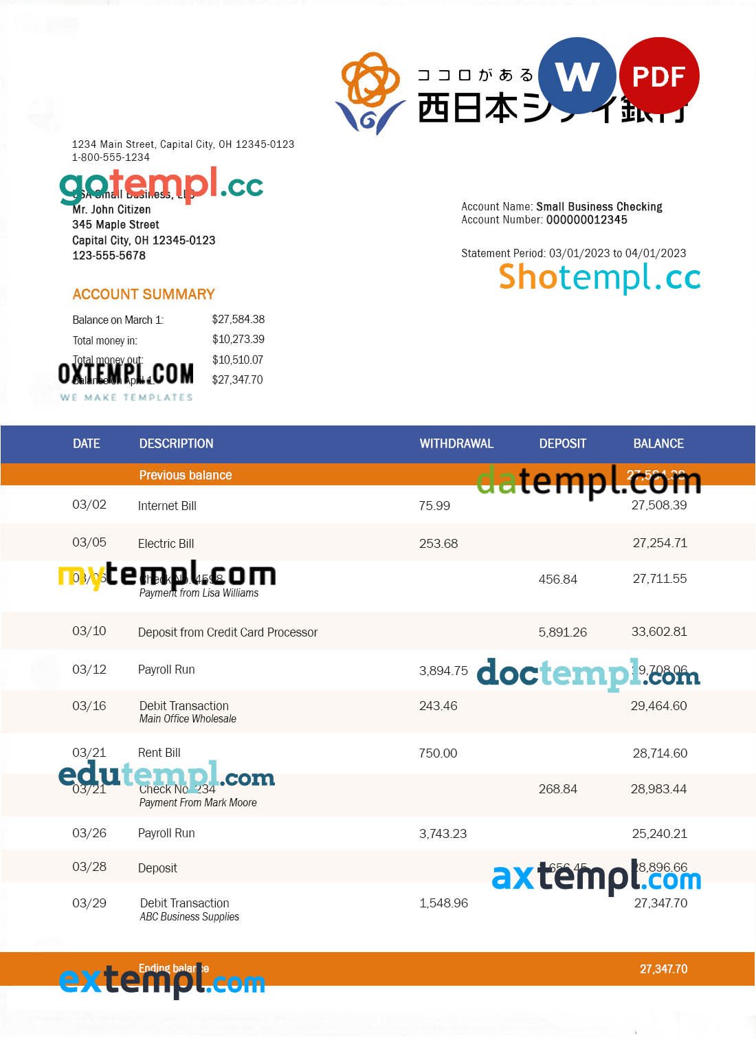 OP Bank company account statement Word and PDF template