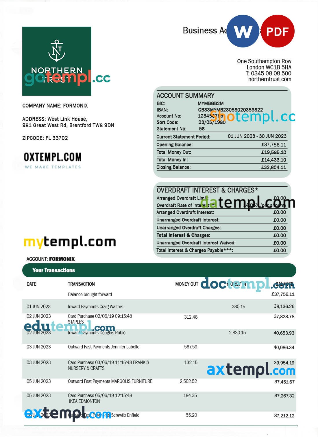 Banco Pan Bank firm account statement Word and PDF template