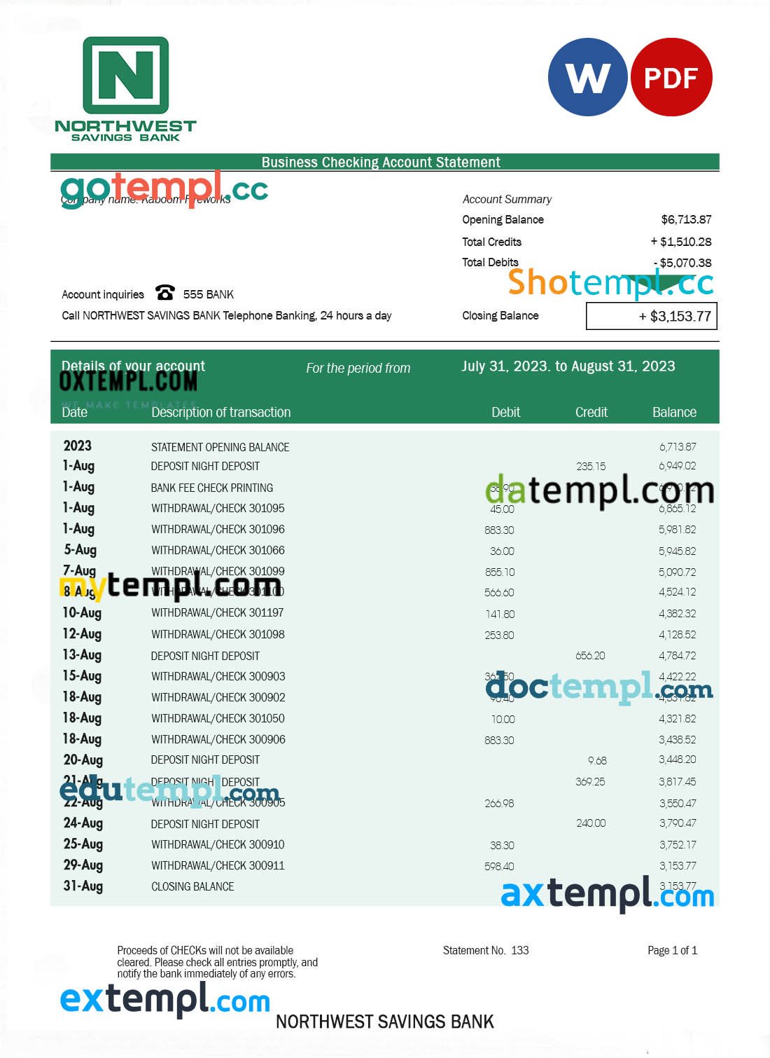 USA Moneylion bank statement Word and PDF template, 2 pages