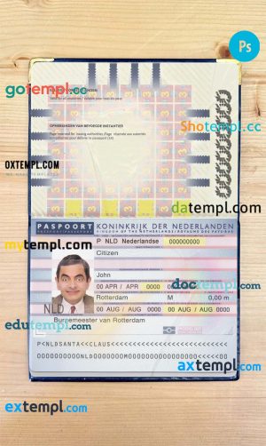 Netherlands (Holland) passport PSD files, editable scan and photo-realistic look sample (2006-2016), 2 in 1