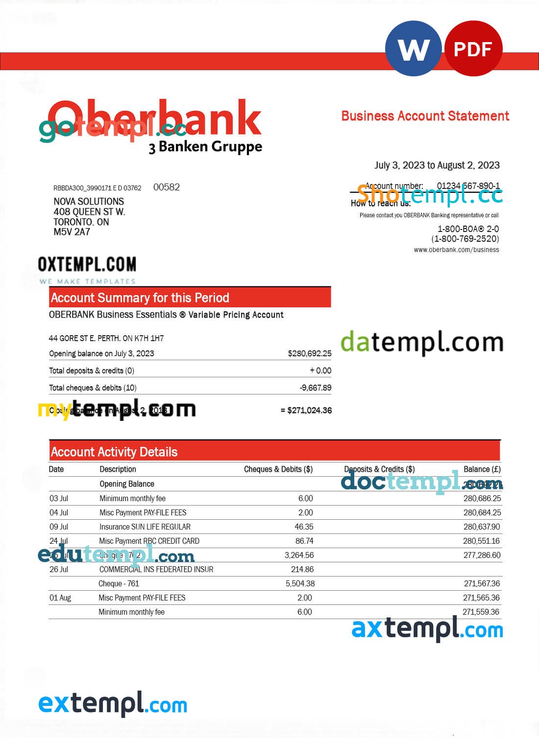 Oberbank company checking account statement Word and PDF template