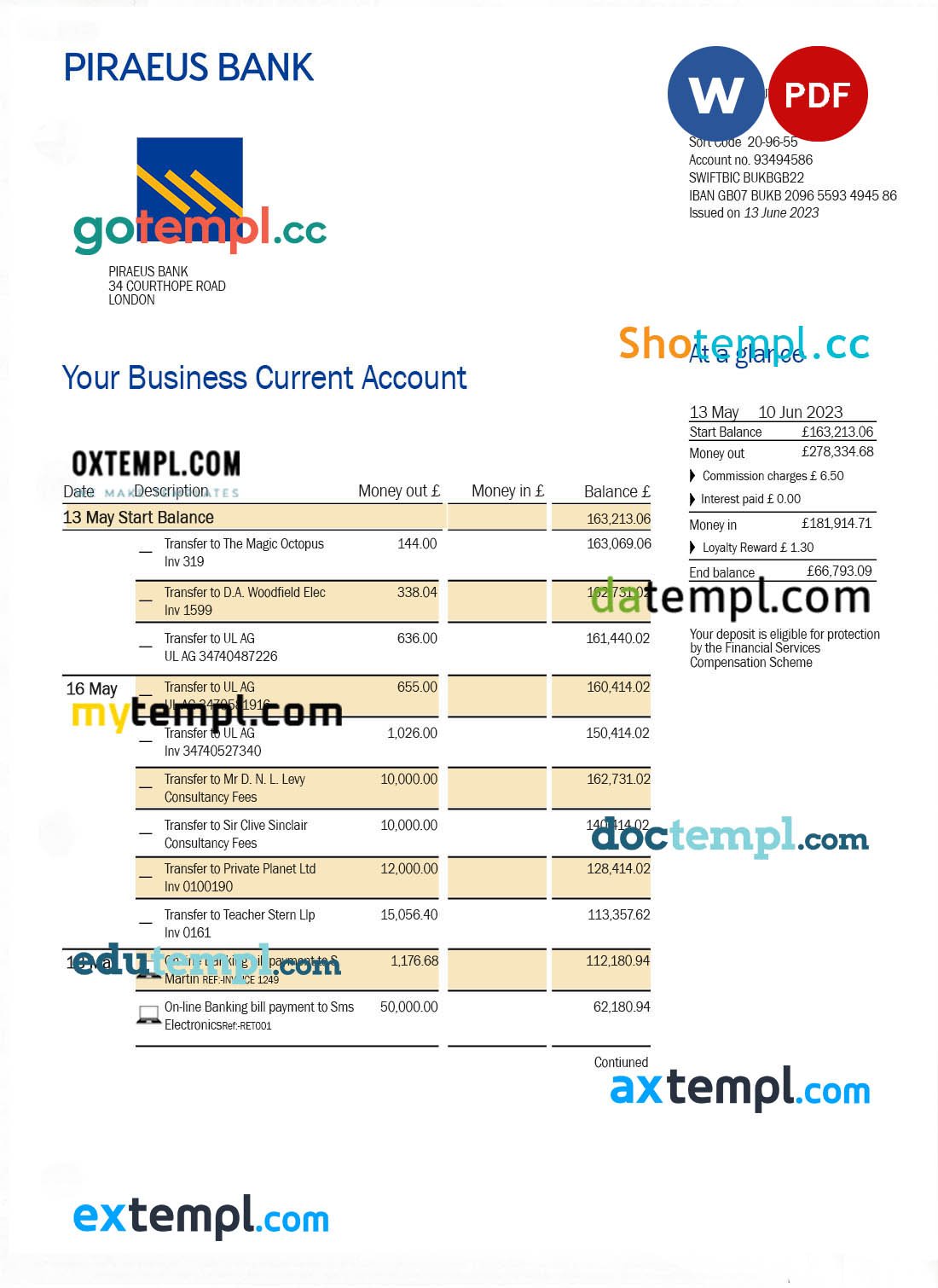 Bcr Bank company checking account statement Word and PDF template