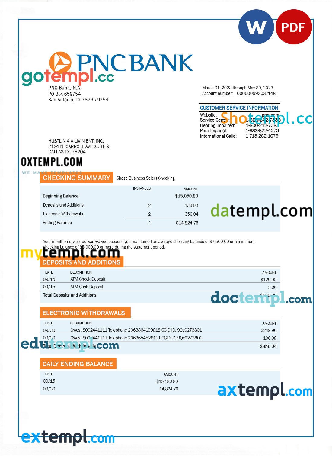 Natixis bank corporate checking account statement Word and PDF template