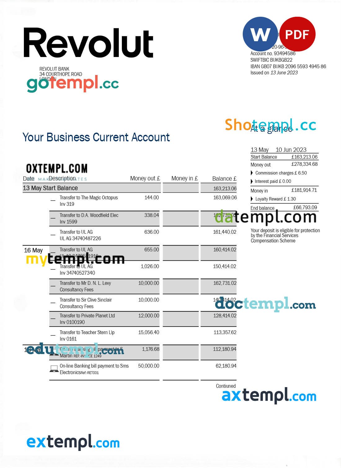 Dah Sing Bank company checking account statement Word and PDF template