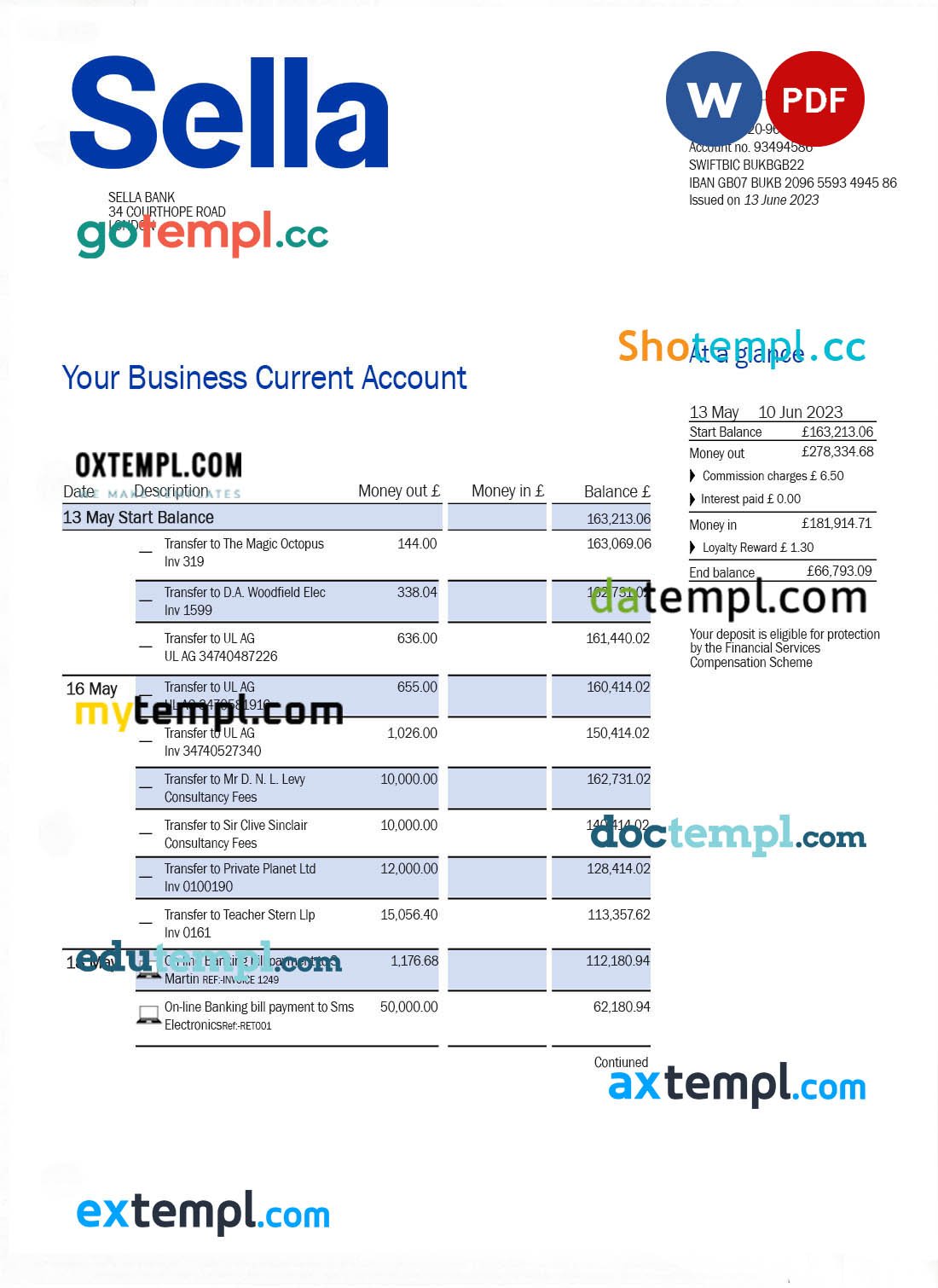 Turkey Odeabank bank statement template in .doc and .pdf format