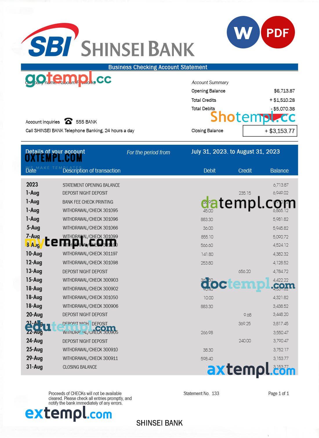 Valiant Bank enterprise account statement Word and PDF template