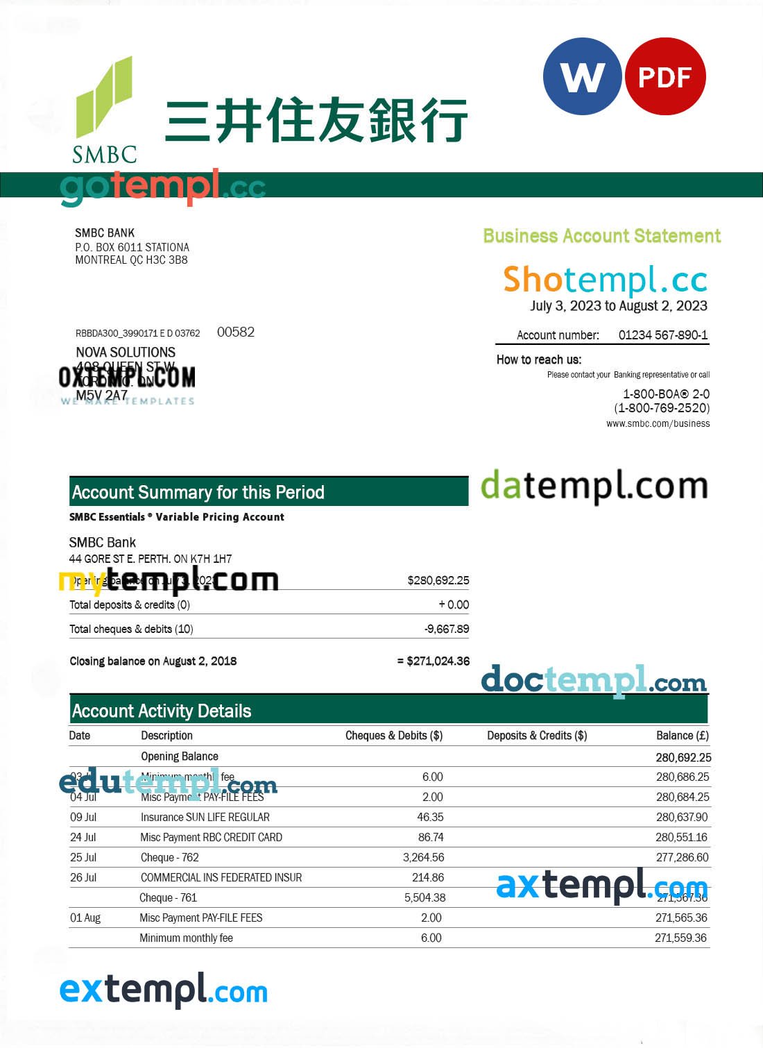 Canadian Western Bank firm account statement Word and PDF template