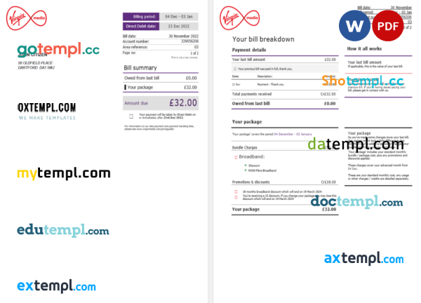 United Kingdom Virgin Media invoice Word and PDF template, 2 pages