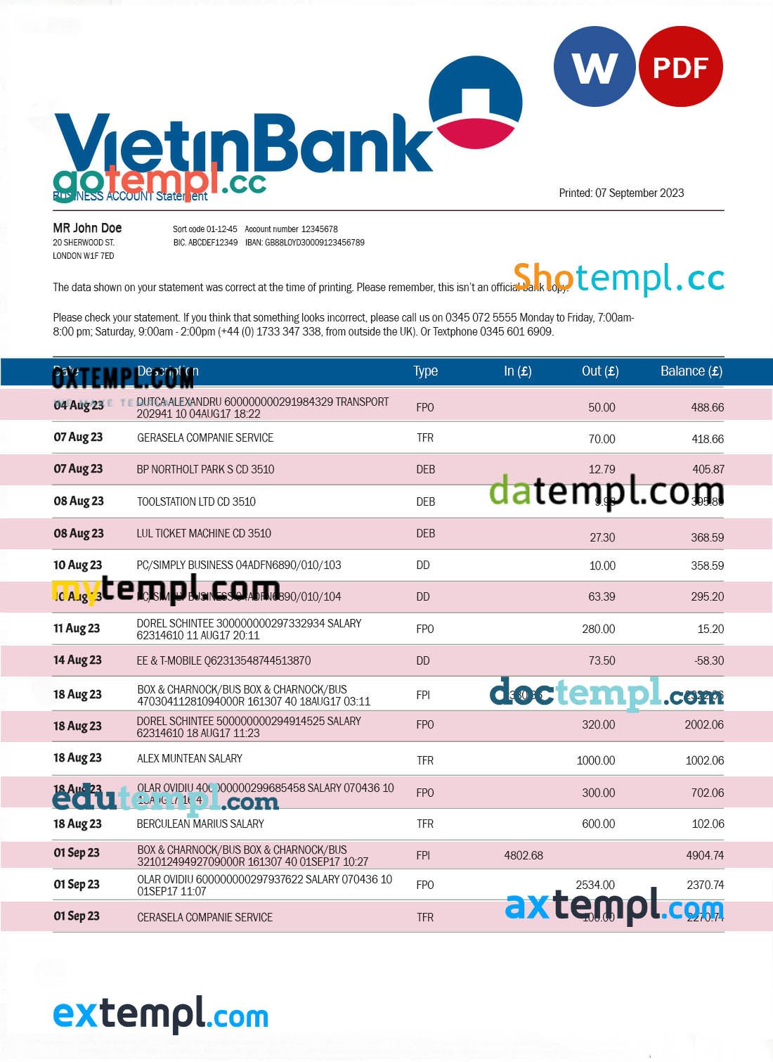 Vietin bank firm account statement Word and PDF template