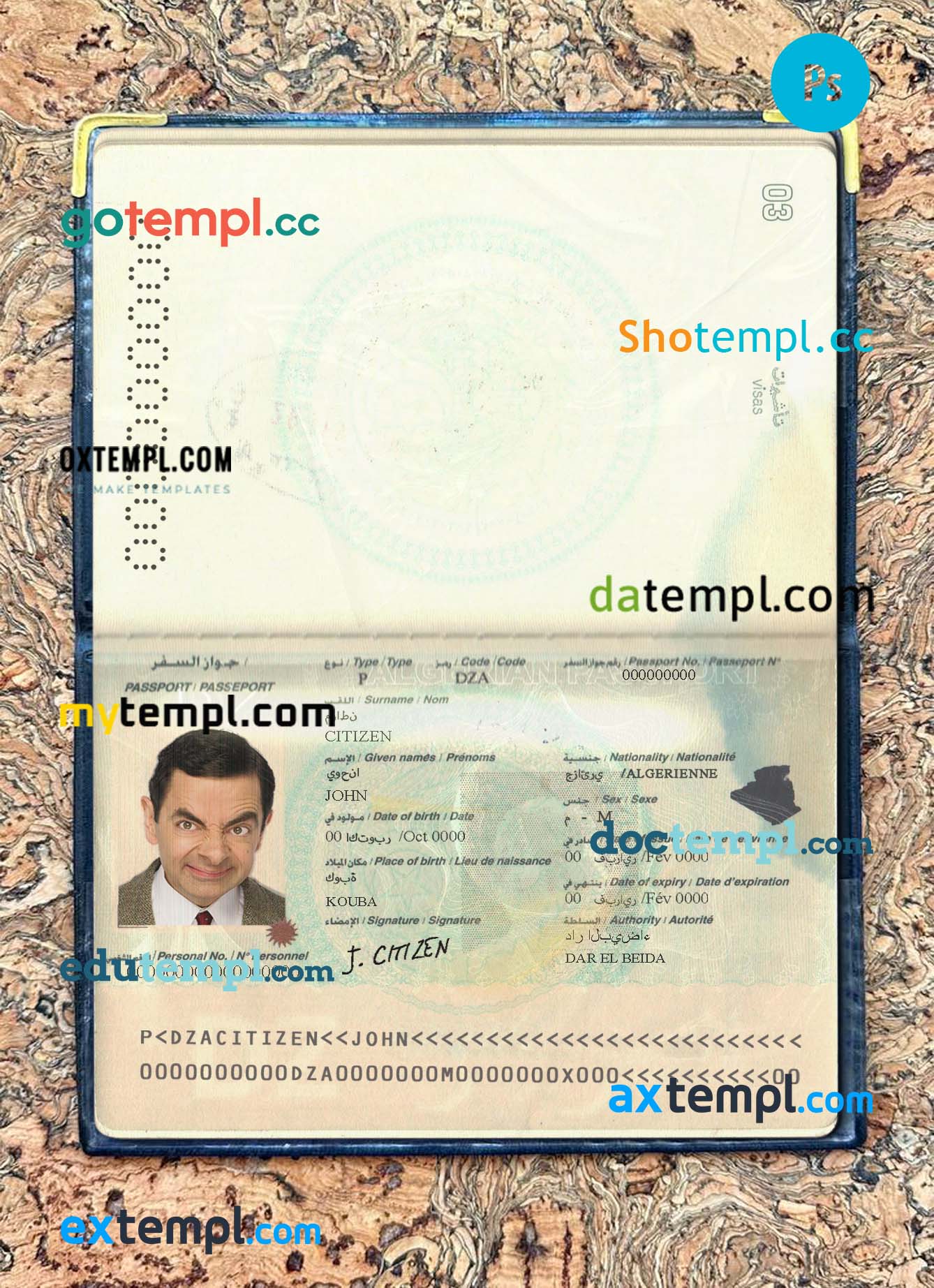 Denmark passport editable PSD files, scan and photo look templates, 2 in 1
