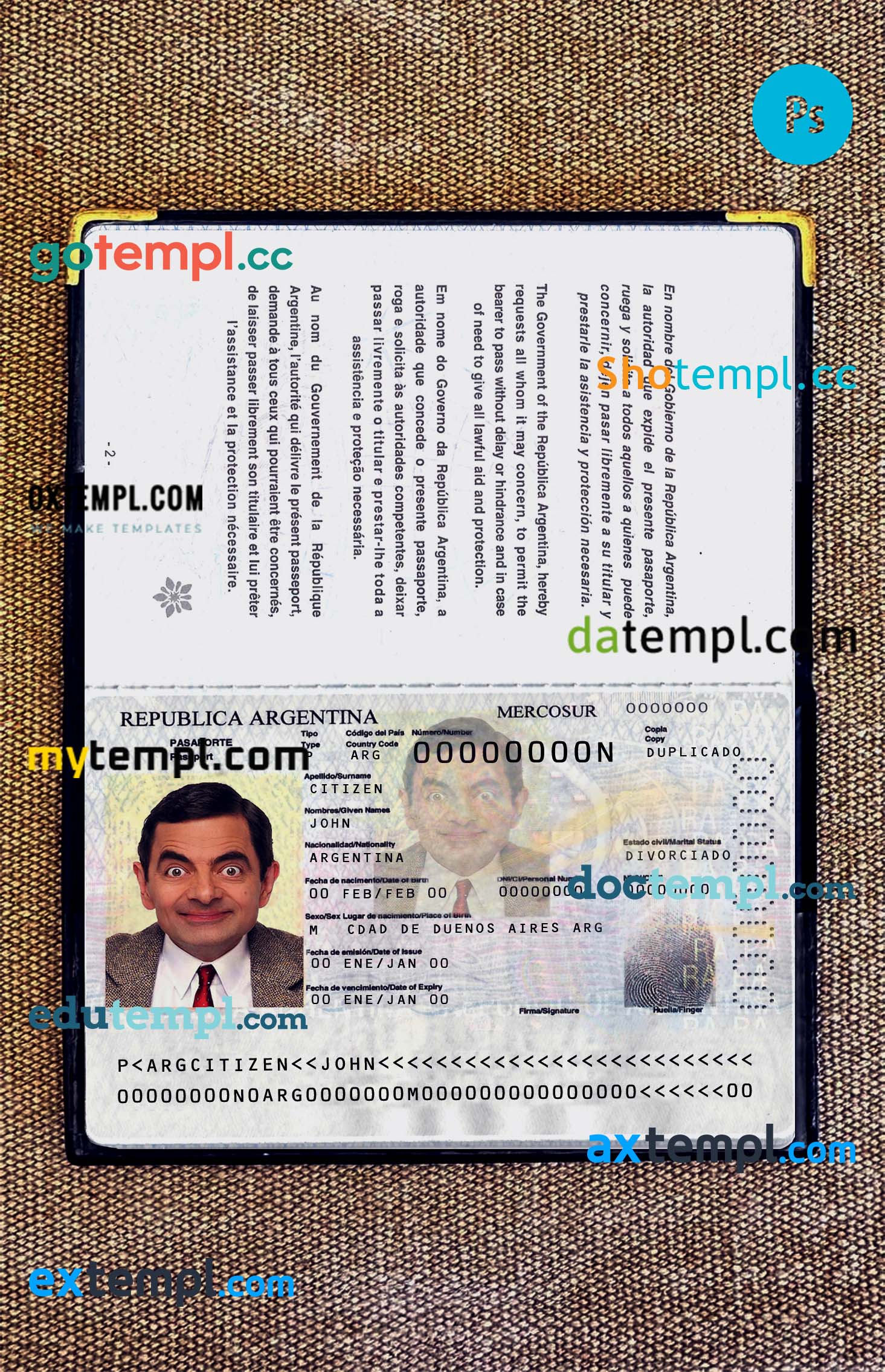 Argentina passport editable PSD files, scan and photo taken image, 2 in 1 (2012 – present)